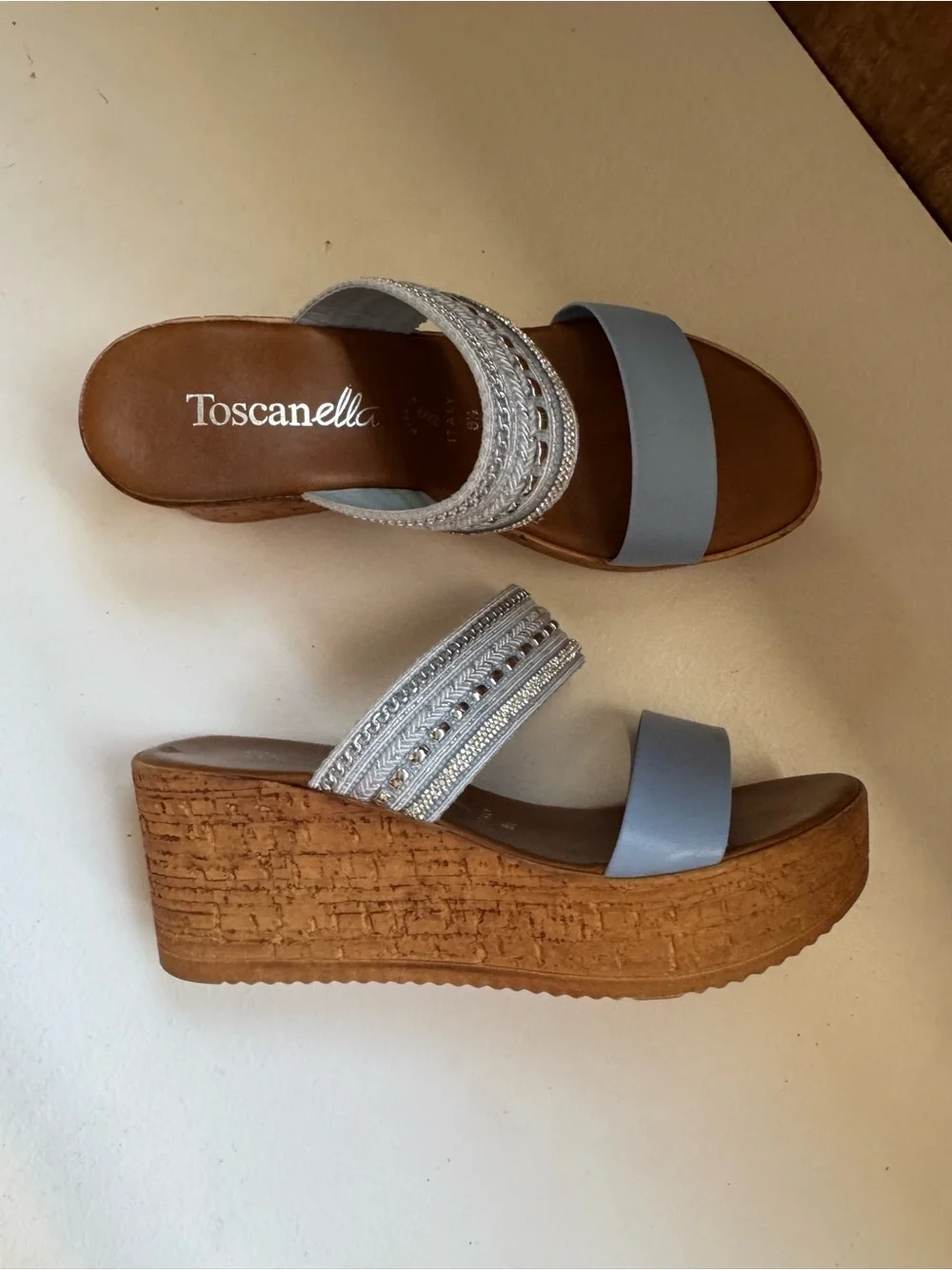 Toscanella Women blue Embellished Double Band Wedge Sandals Made In Italy  8.5